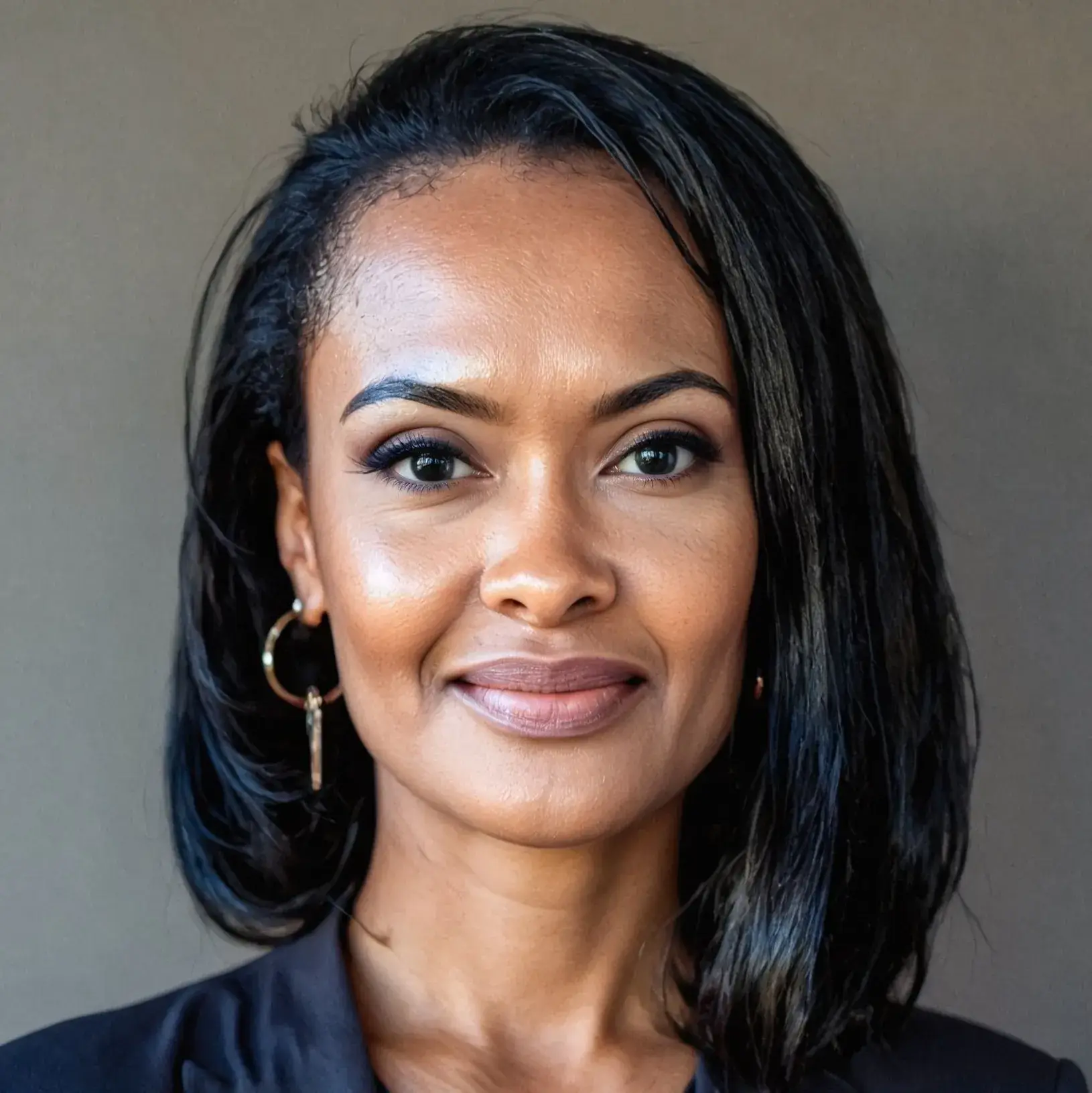 Professional headshot of a woman with shoulder-length black hair wearing a dark blazer, smiling against a neutral background.