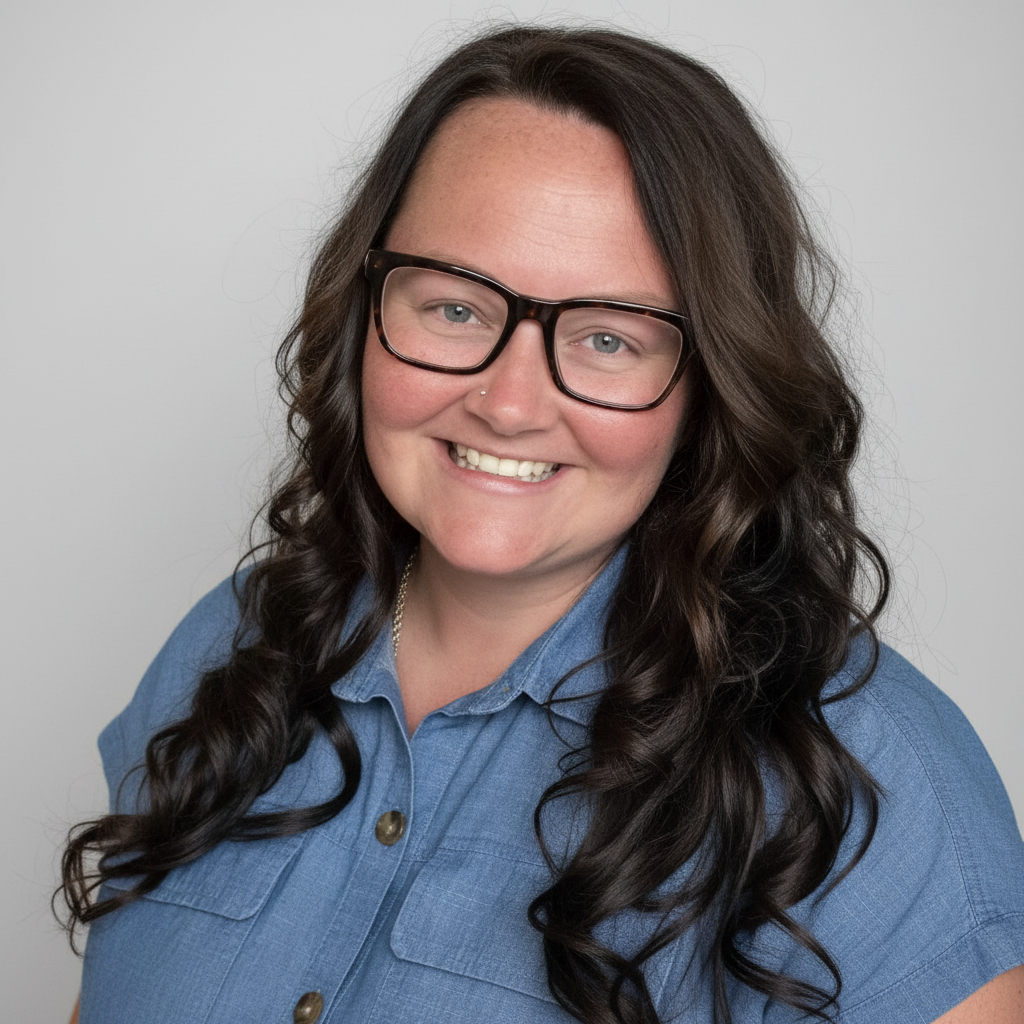 Smiling professional woman with long dark hair and glasses, dressed in a blue collared shirt in a studio setting.