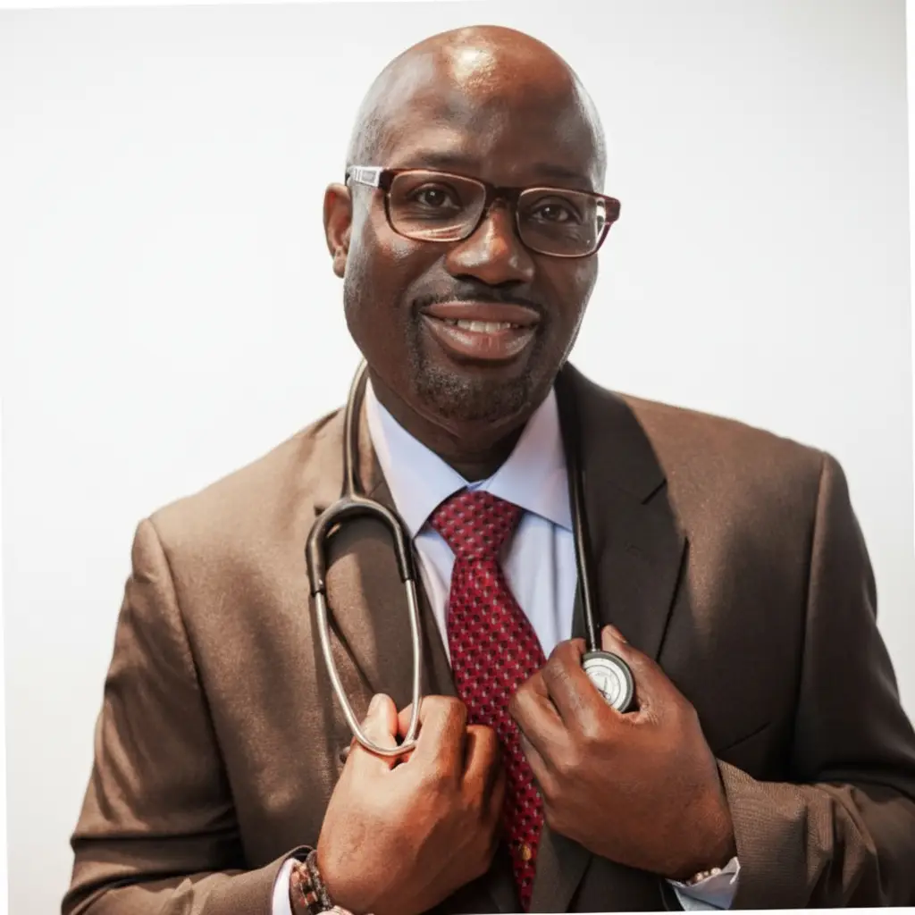 Smiling male doctor wearing glasses and a suit with a red tie, holding a stethoscope around his neck against a clean white background.