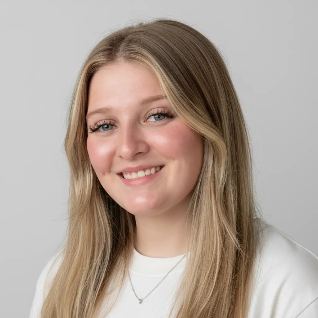 Smiling young woman with long straight blonde hair wearing a white top and a delicate necklace against a light gray background.