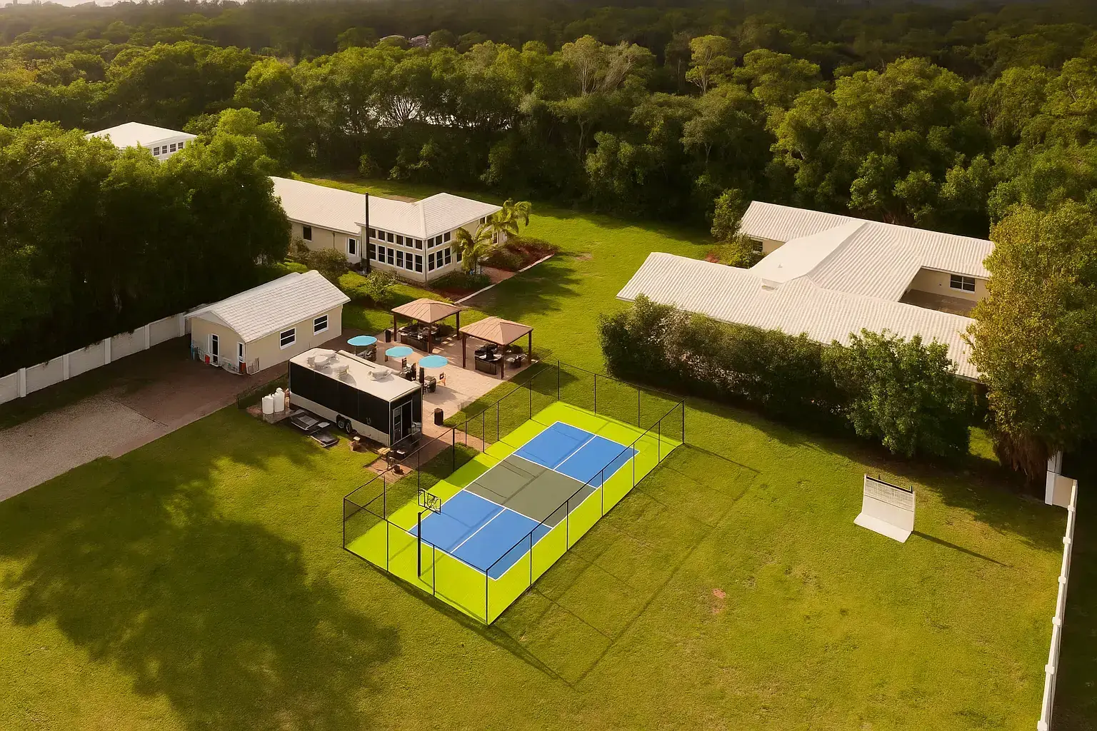 Aerial view of The Haven Detox Florida campus featuring residential buildings, outdoor recreation areas, and a pickleball court surrounded by lush greenery