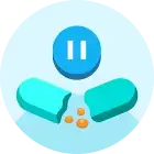 Illustration of pill capsules with pause symbol representing medication management or tapering.