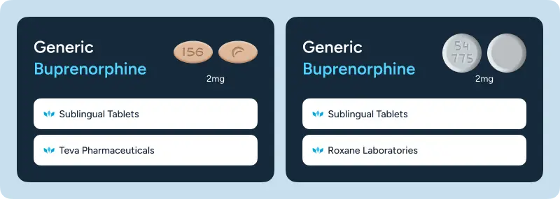 Generic buprenorphine 2 mg sublingual tablets from Teva Pharmaceuticals and Roxane Laboratories with tablet identification markings.