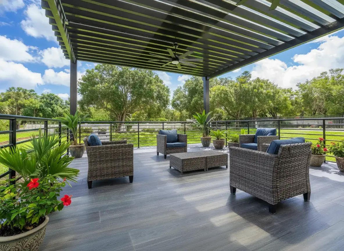 Covered outdoor patio with lounge seating at The Haven Detox Florida in West Palm Beach, Florida.