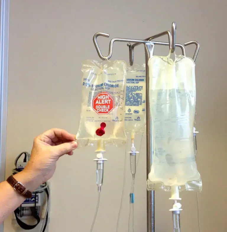 During alcohol detox, 2-3 liters of saline per day is typically administered